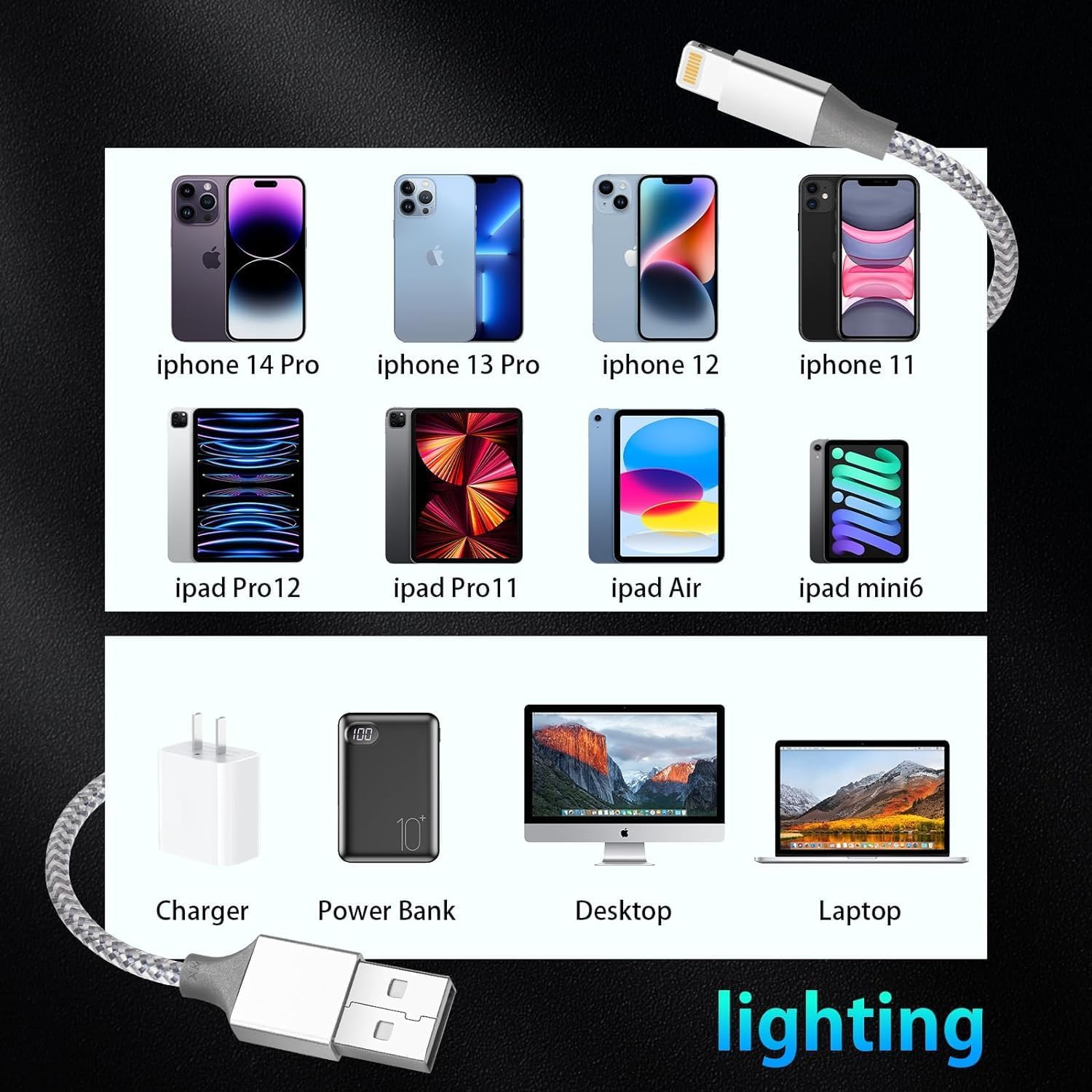 Detalle de DNIO Lightningケーブル 2m・3本セット、MFi認証・最大2.4A充電・ナイロン被覆