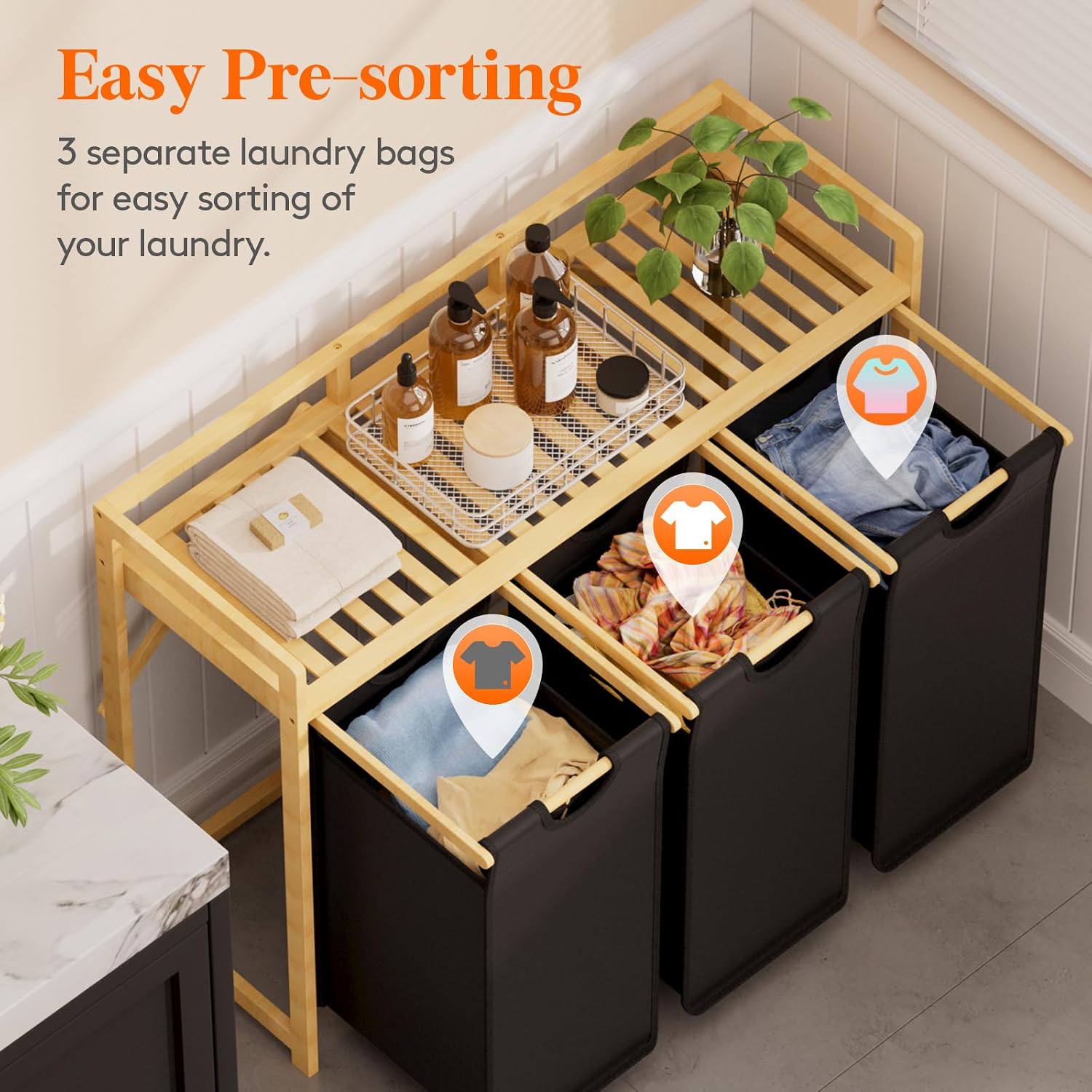 Detalle de Lifewit 24229 Laundry Sorter with Bamboo Frame, 3 Compartments and Shelf