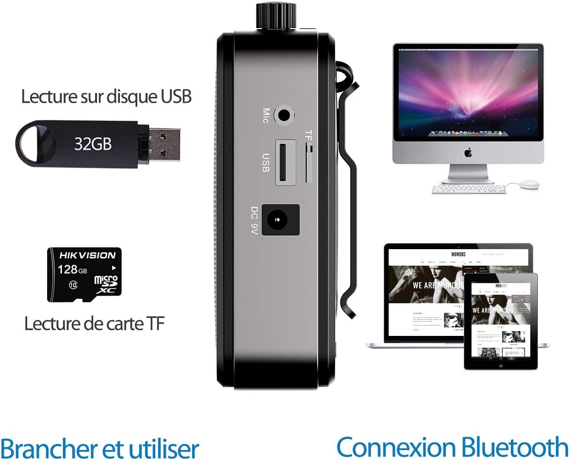 Detalle de Amplificateur de voix portable Giecy avec micro casque 30W, batterie rechargeable 2800 mAh