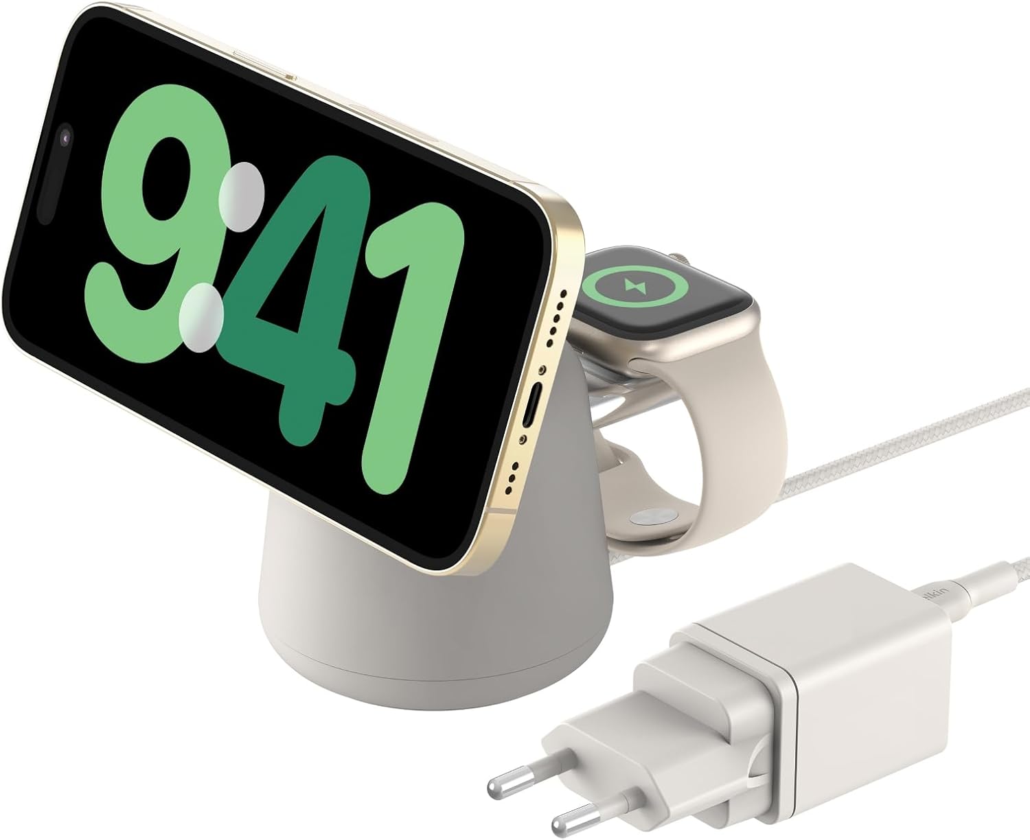 Detalle de Belkin BoostCharge Pro Station 2-en-1 Qi2 Beige