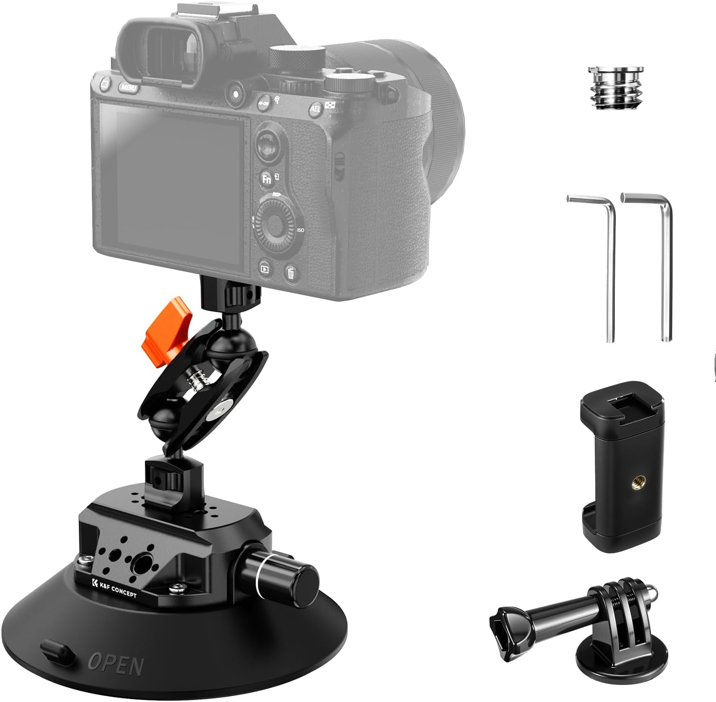 Detalle de K&F CONCEPT Support à ventouse 6 pouces (152 mm) avec bras magique double rotule, pince téléphone et adaptateur GoPro