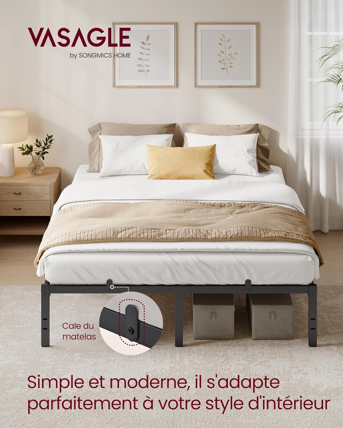 Detalle de VASAGLE Cadre de Lit 160 x 200 avec Sommier Métal RMB155BD01