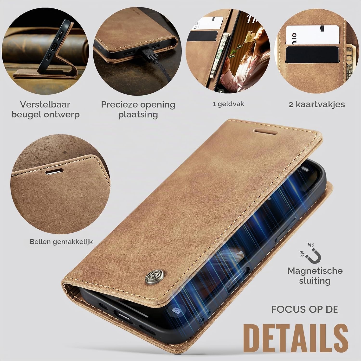 Detalle de Azororo iPhone 16 Plus 5G-hoesje met magnetische flip en standaard