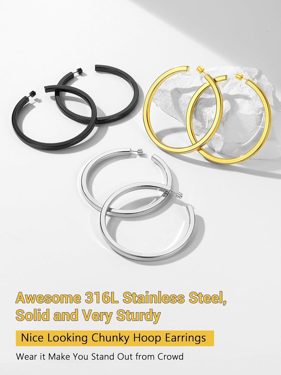 Thumbnail 6 de PROSTEEL Demies créoles femme ouvertes carrées en acier inox/Plaqué or/Noir – diamètres 20/30/40/60/80 mm