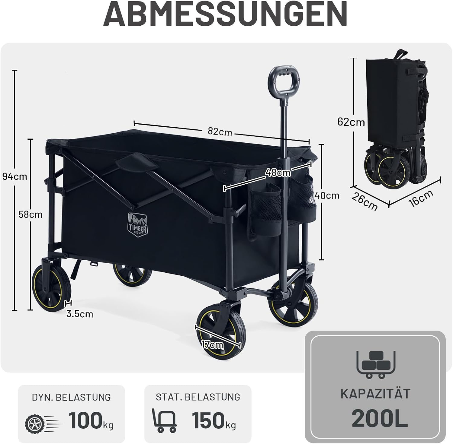 Detalle de TIMBER RIDGE Bollerwagen Faltbar 200L mit Getränkehalter und verstellbarem Griff – Allround-Handwagen für Gelände