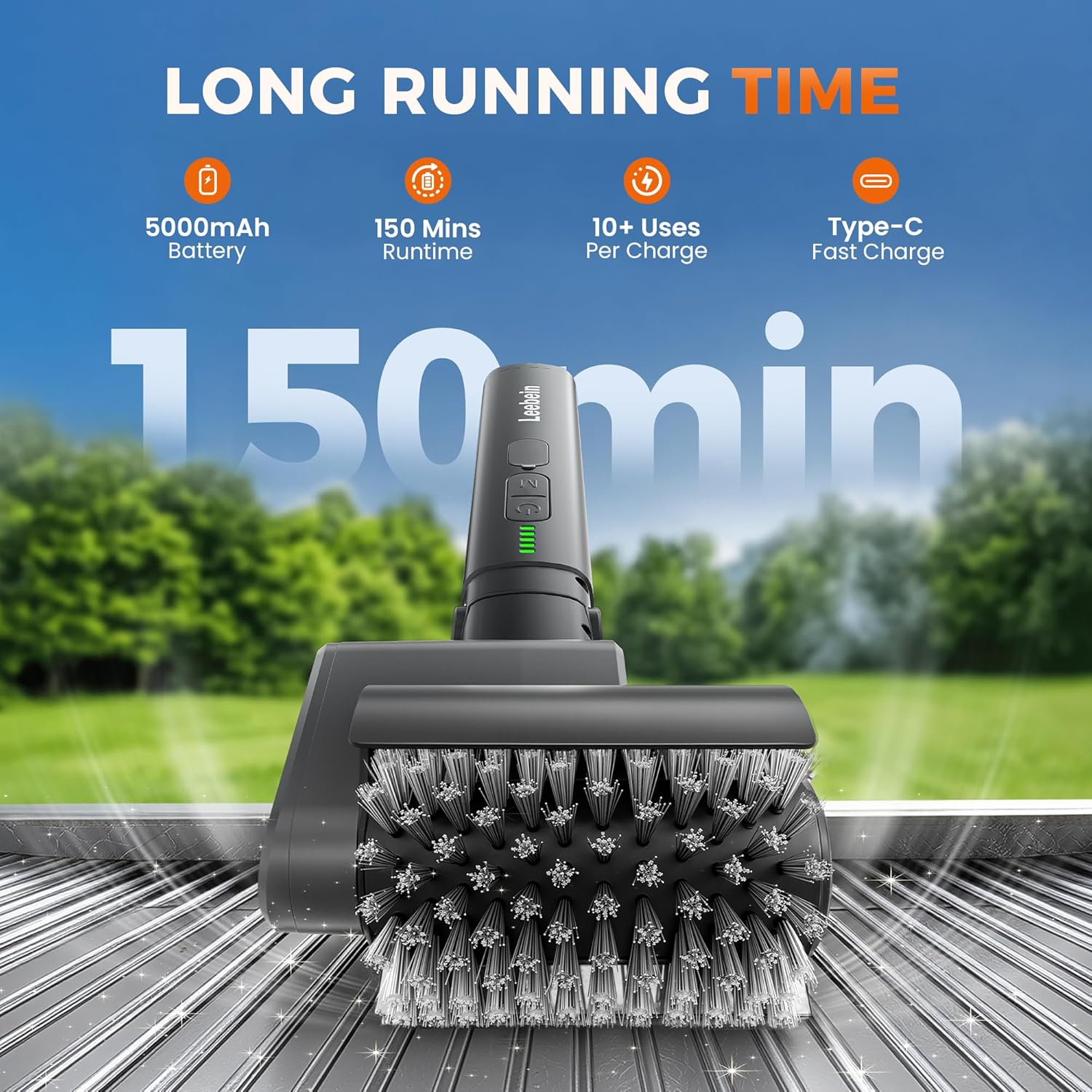 Detalle de Leebein cordless electric grill brush with 3-speed rotating heads and 150-minute runtime