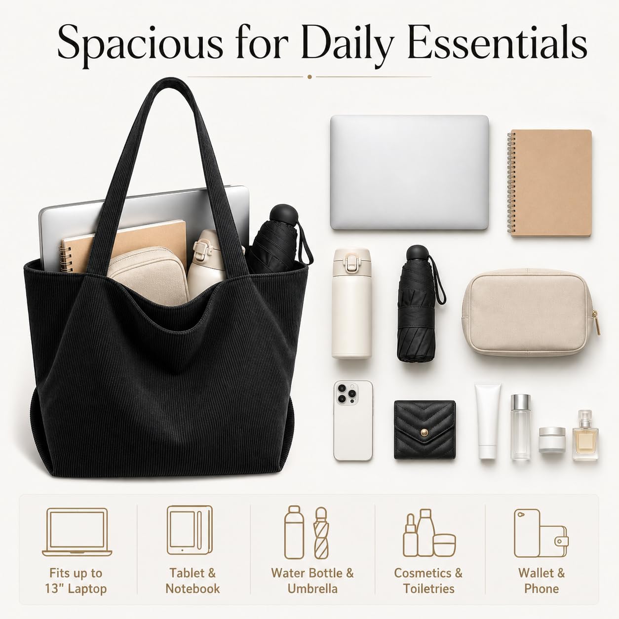 Thumbnail 6 de Corduroy Tote Bag with Zip: Everyday Style Meet Practicality