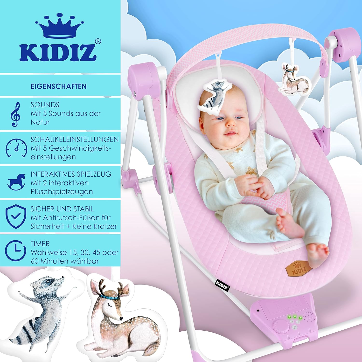 Thumbnail 1 de KIDIZ Babywippe Babyschaukel mit 5 Geschwindigkeiten – faltbar, mit Spielbogen und 5 Naturgeräuschen (Pink)
