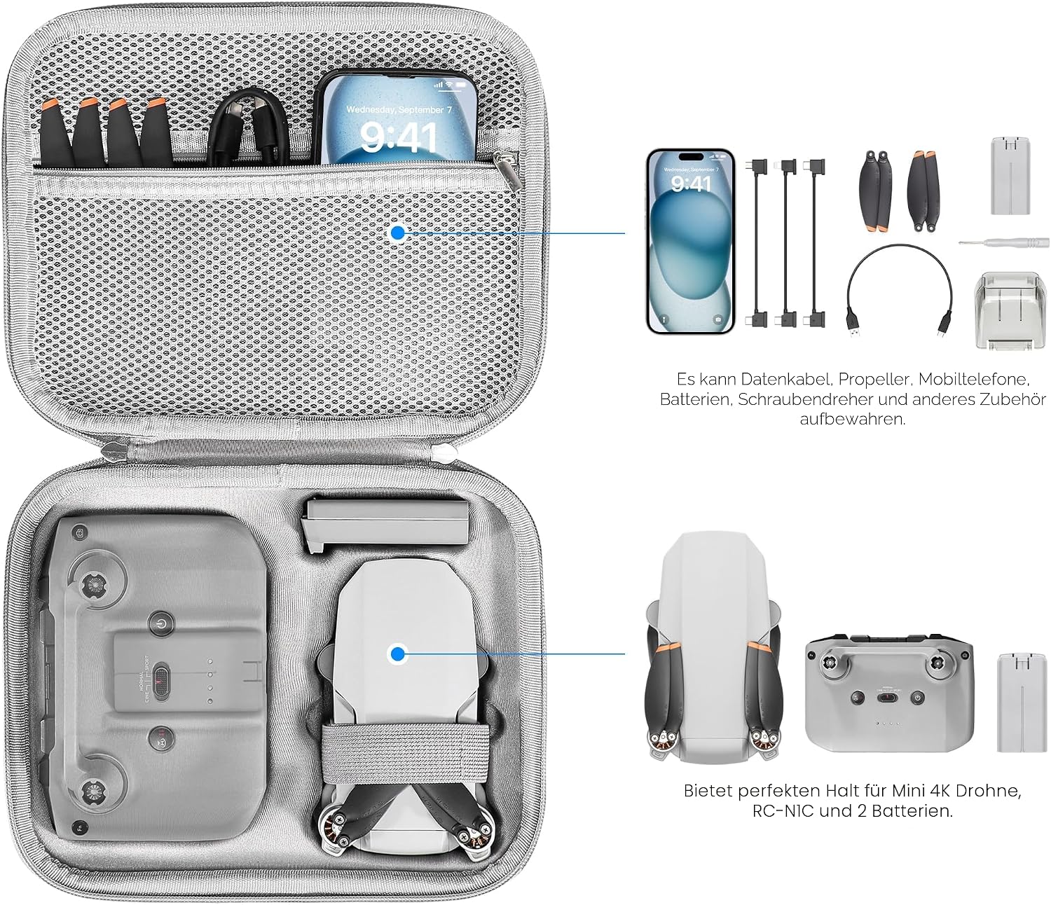 Detalle de FPVtosky Mini 4K Tasche: Kompakter Koffer für DJI Mini 2 SE / Mini 4K mit Zubehör