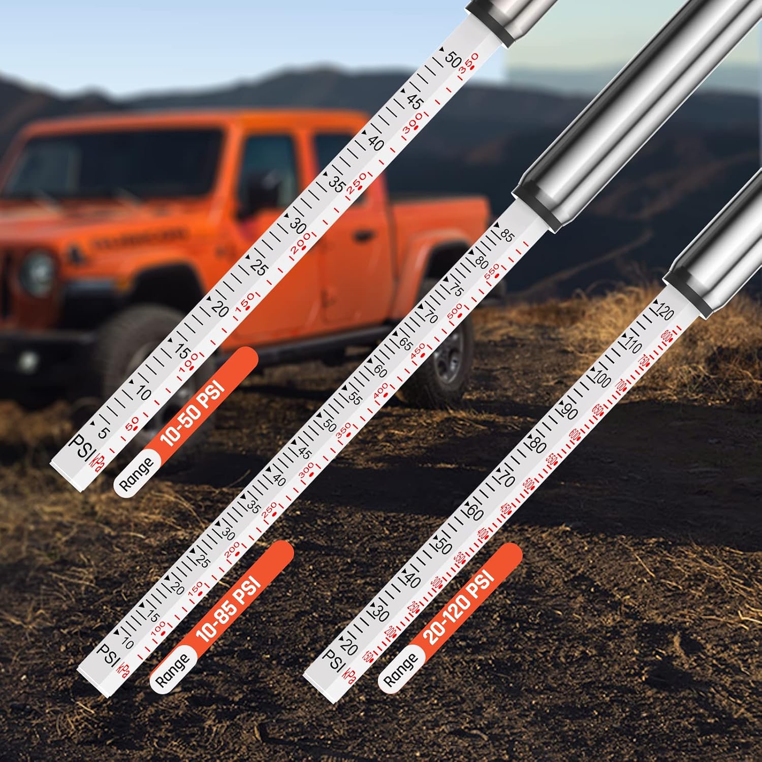 Detalle 2 de ETENWOLF G100 Pencil Tire Pressure Gauge 3-Pack, Three Ranges, Steel Body