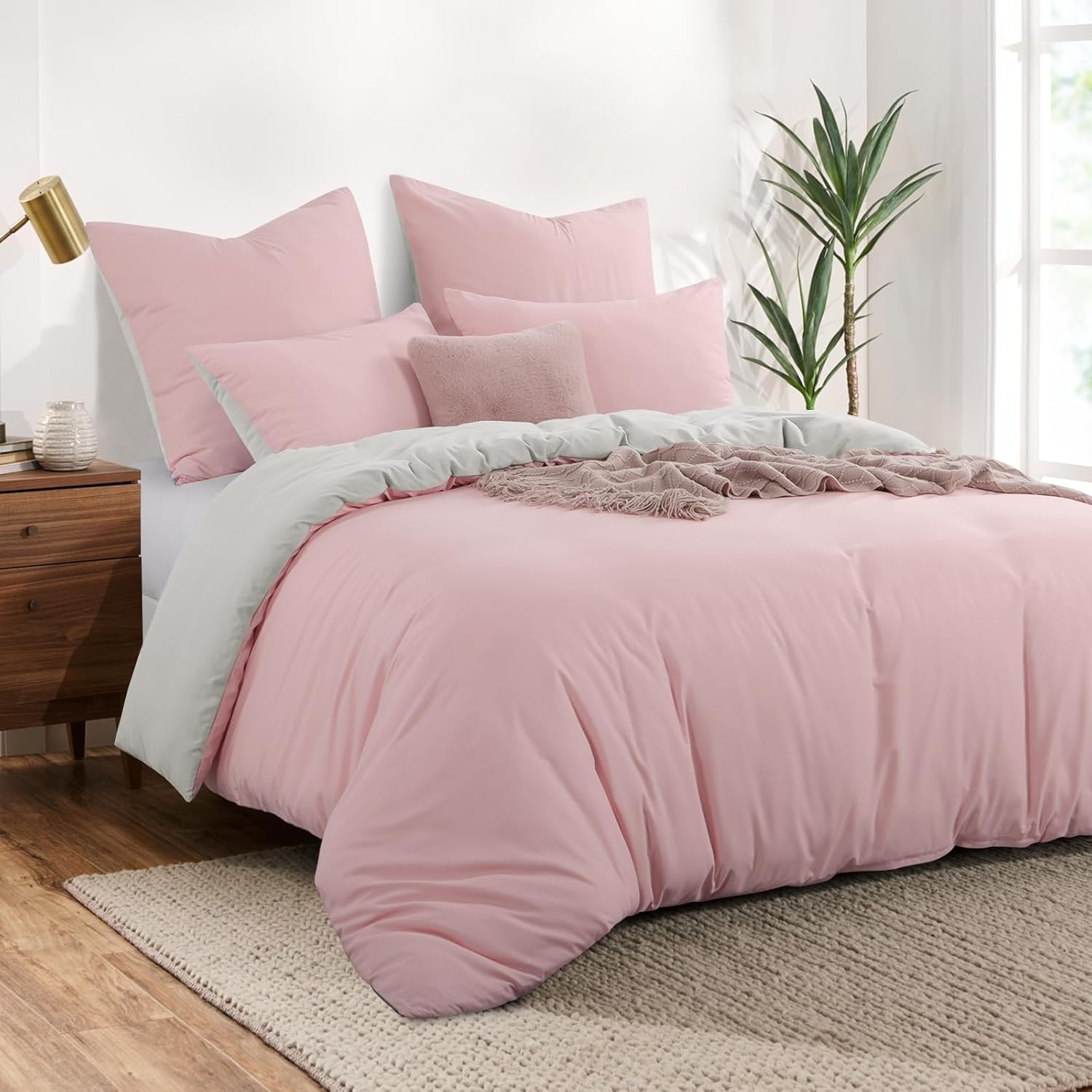 Thumbnail 1 de Aisbo Bettwäsche 200x200 (3-teilig) Rosa/Beige – Wendebettwäsche aus Mikrofaser mit Reißverschluss