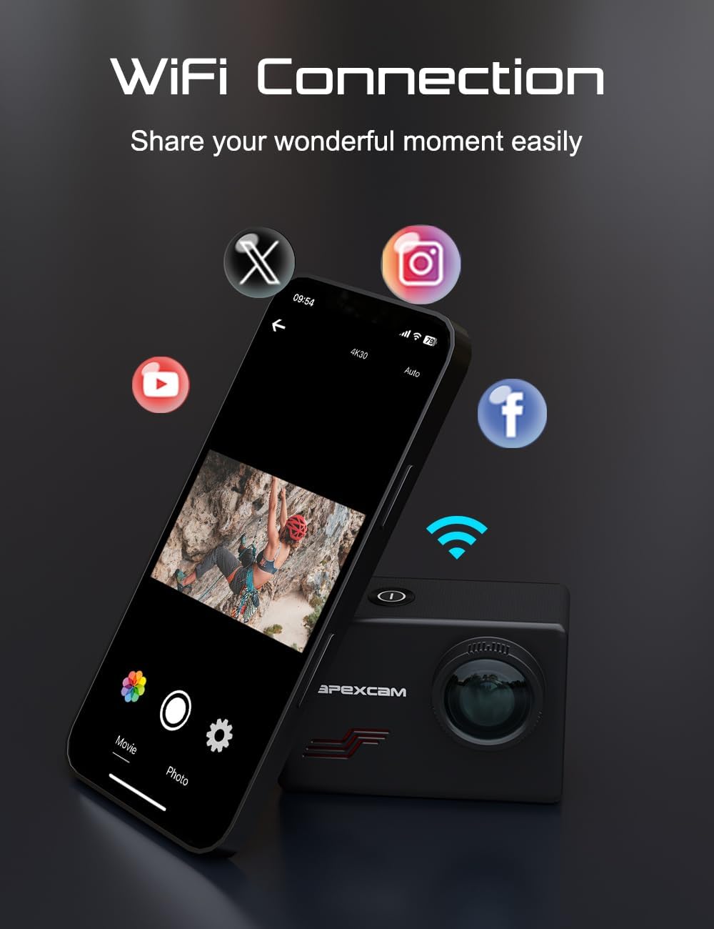 Thumbnail 3 de Apexcam M80 action cam 4K 60fps con WiFi, EIS e custodia impermeabile fino a 40 m + 64 GB