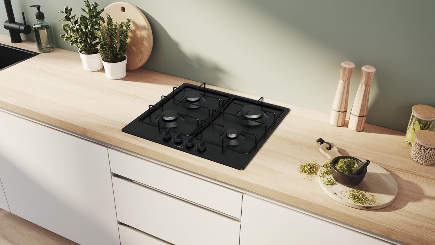 Detalle de Bosch PGP6B6K80 Serie 4 Piano cottura a gas 60 cm – acciaio smaltato nero