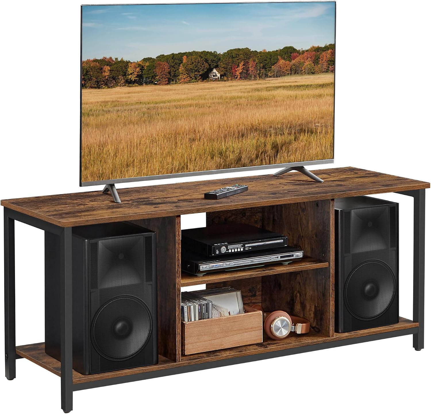 Detalle de VASAGLE LTV060B01 TV Stand, Rustic Brown and Black with Open Shelves