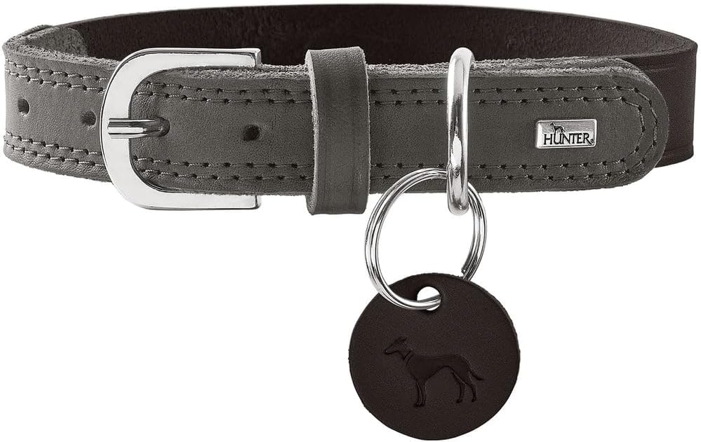 Detalle de Hunter Hundehalsband LEMVIG – schwarzes/steingraues Lederhalsband, Made in Germany, Größe 45