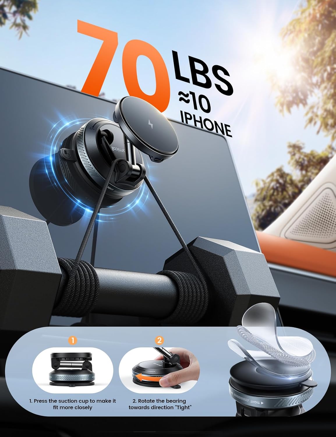 Thumbnail 5 de Lamicall MagSafe Car Mount Charger (15W) with 70Lbs Vacuum & 360° Arm – Black