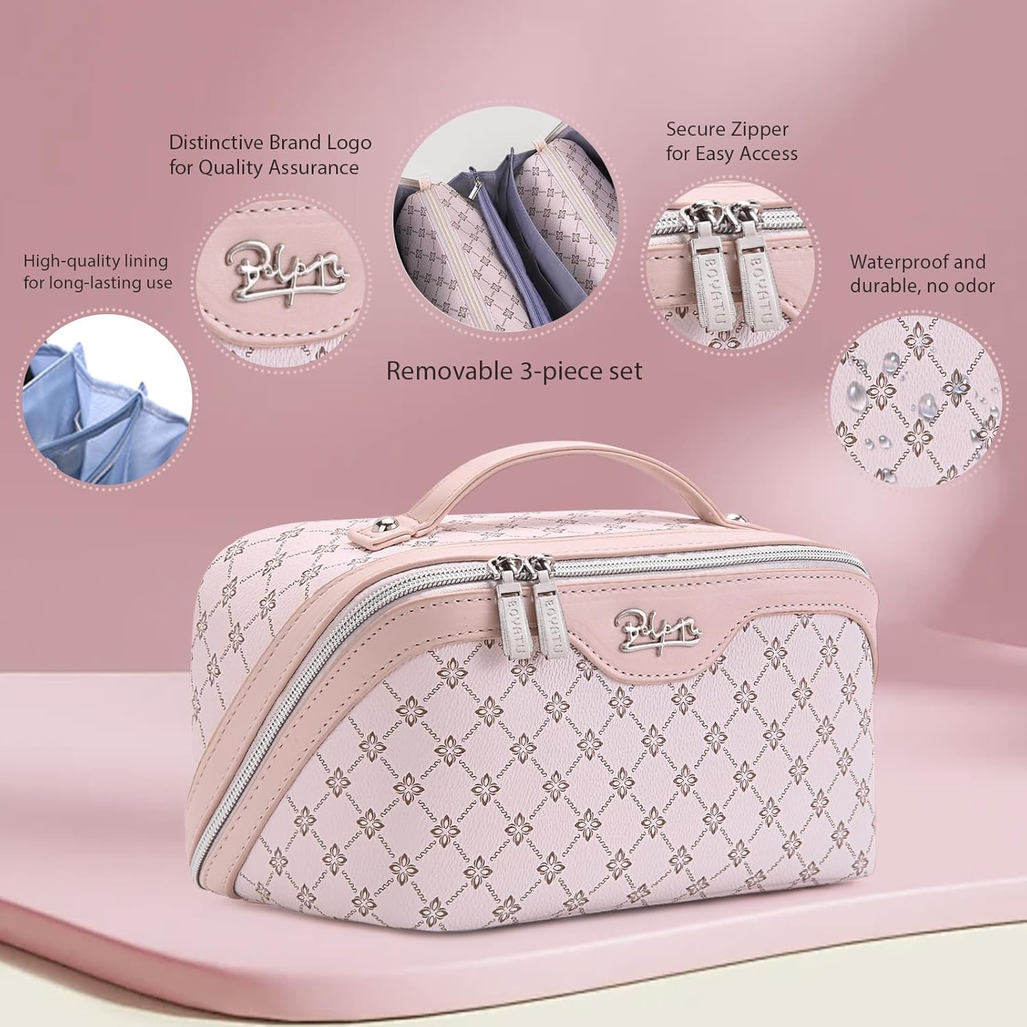 Thumbnail 1 de BOYATU Travel Makeup Bag Set (3-Piece) – Large Capacity, Vegan Leather, Pink