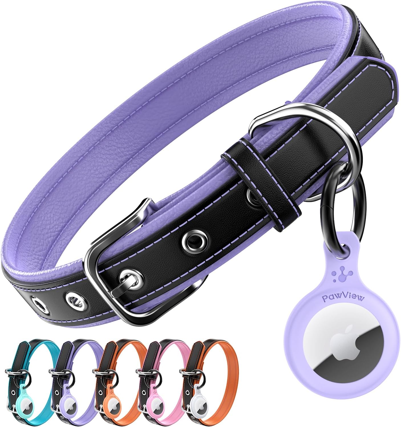 Thumbnail 1 de PawView Genuine Leather Dog Collar with AirTag Holder – Adjustable for Small Dogs (Pink)