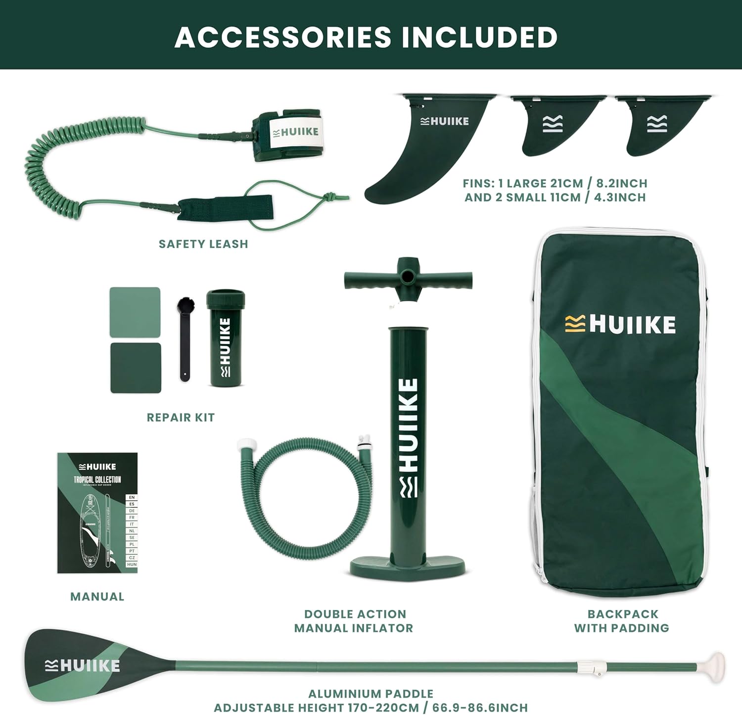 Thumbnail 2 de HUIIKE 10’ Inflatable Stand Up Paddle Board for Adults (Tropical Essential Set) with Paddle, Fins, Pump & Accessories