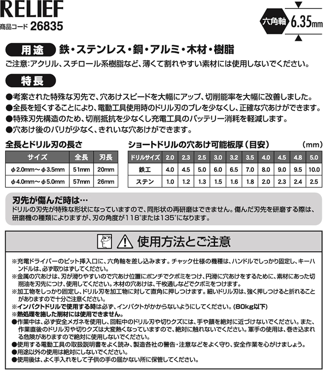 Detalle de イチネンアクセス RELIEF 26835 鉄工ドリル10本組 六角軸ショート・チタンコーティング