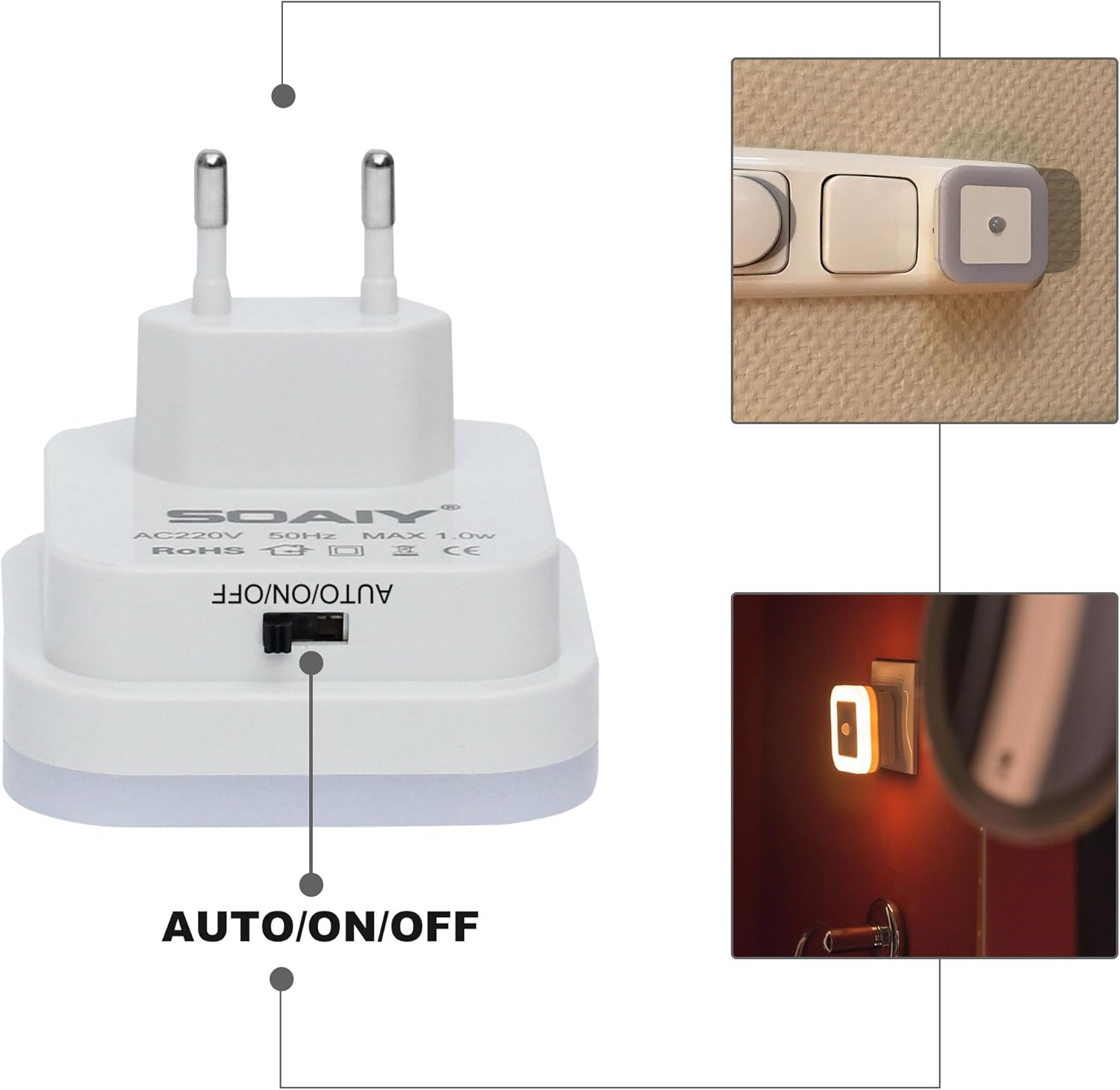 Detalle 2 de SOAIY 2er-Set LED Nachtlicht mit Bewegungsmelder (PIR), AUTO/ON/OFF und warmweiß