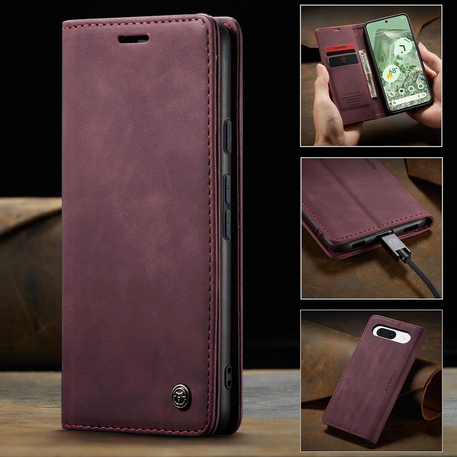 Thumbnail 6 de Phernykas Handyhülle für Google Pixel 8A – Premium Leder Klapphülle mit Standfunktion, Kartenfächern und Stoßschutz in Weinrot