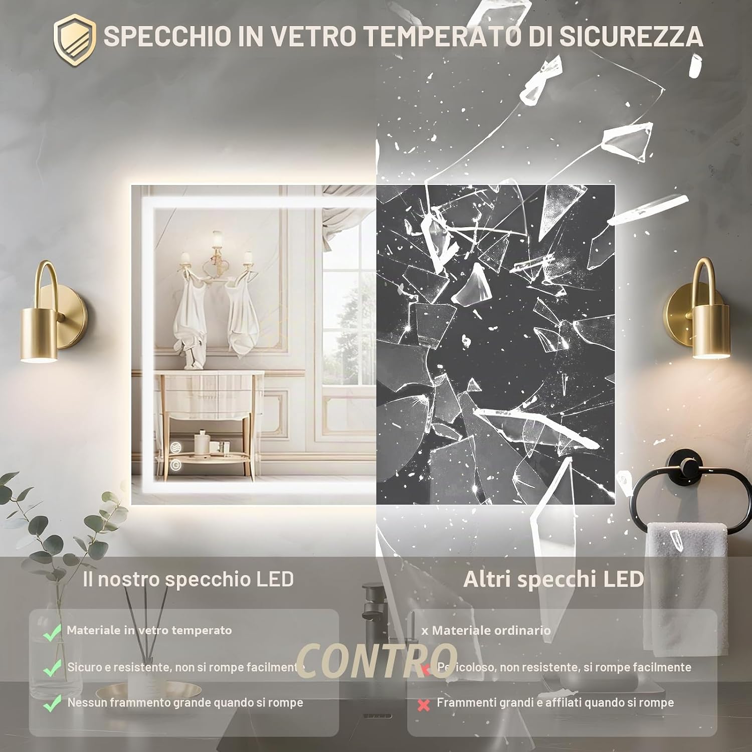 Detalle de PINNIP Specchio Bagno con Luce LED Rettangolare 80x60 cm, Antifog, Vetro Temperato, Dimmerabile 3 Colori