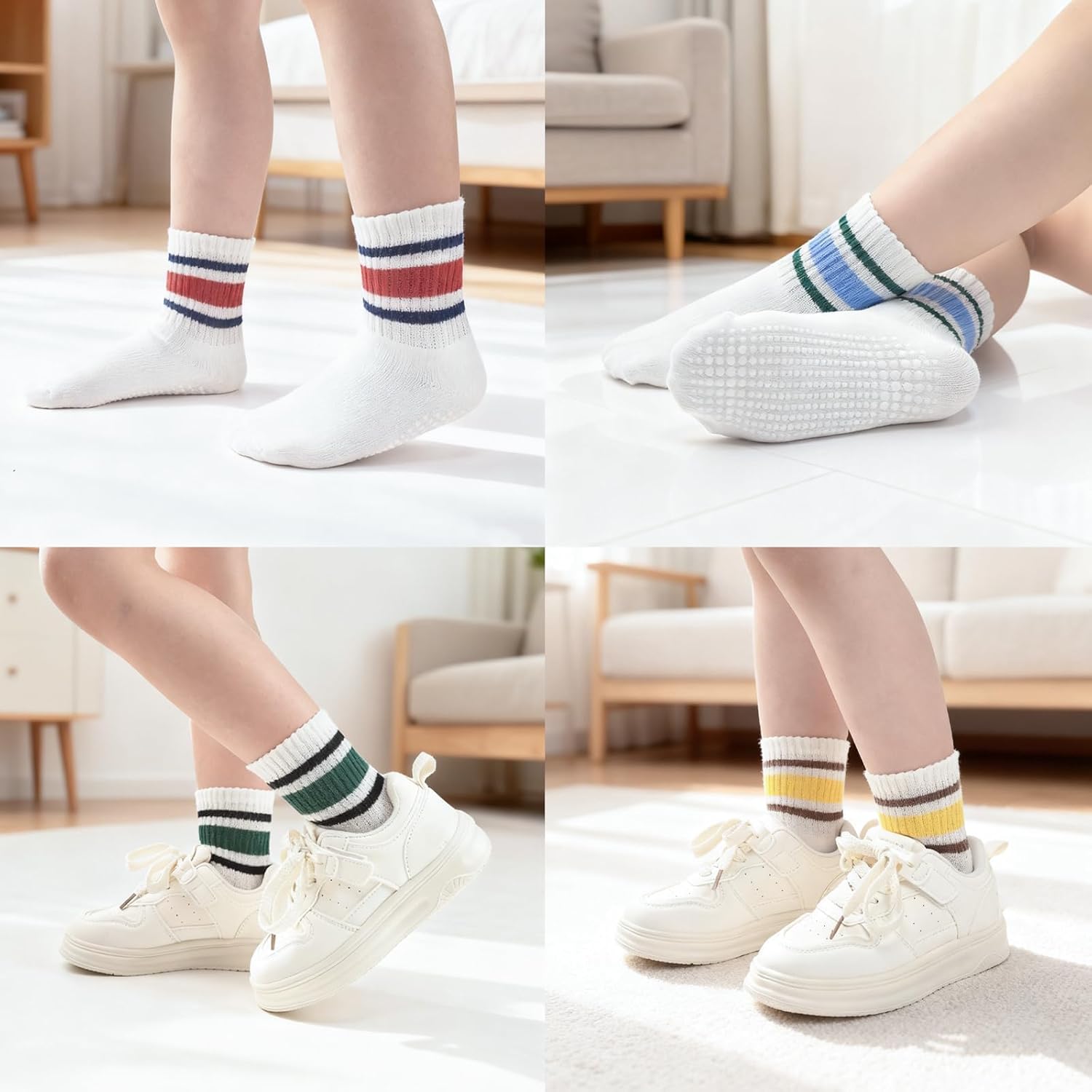 Detalle de Bearbay Non-Slip Toddler Grip Socks with Anti-Skid Soles – 6-Pack, Unisex Cotton Crew Socks for Babies and Kids