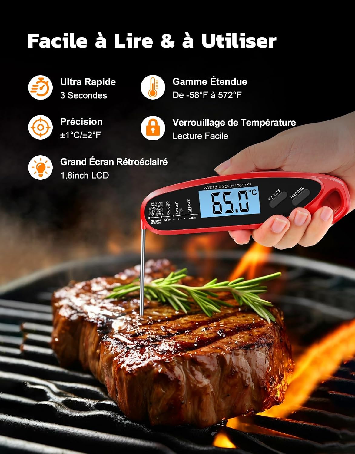 Detalle de Babacom RTS-236S keukenthermometer met dubbele sonde en verlicht display