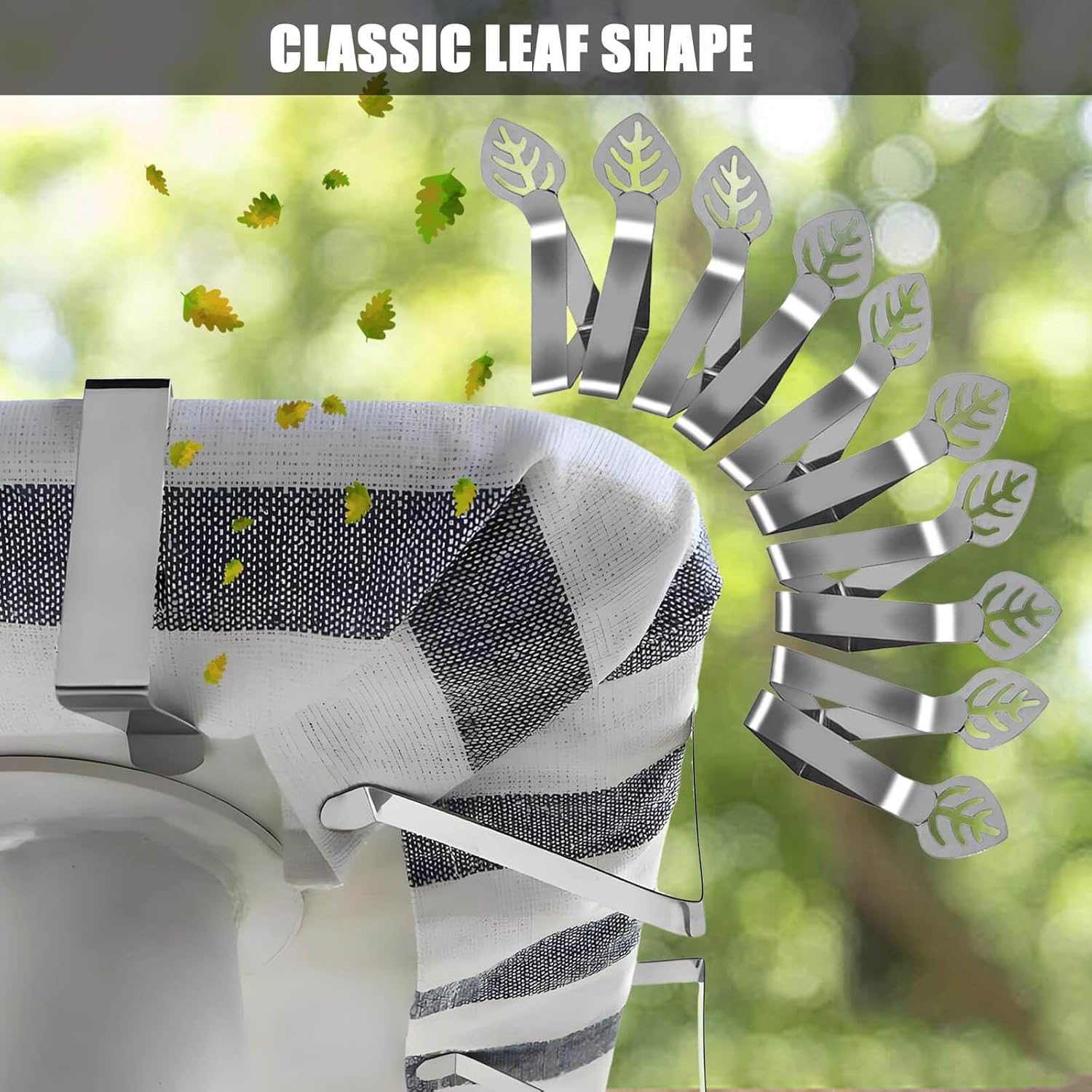 Detalle 2 de Leaf-shaped table cloth clips (10-pack) for outside & inside tables, stainless steel large clamp