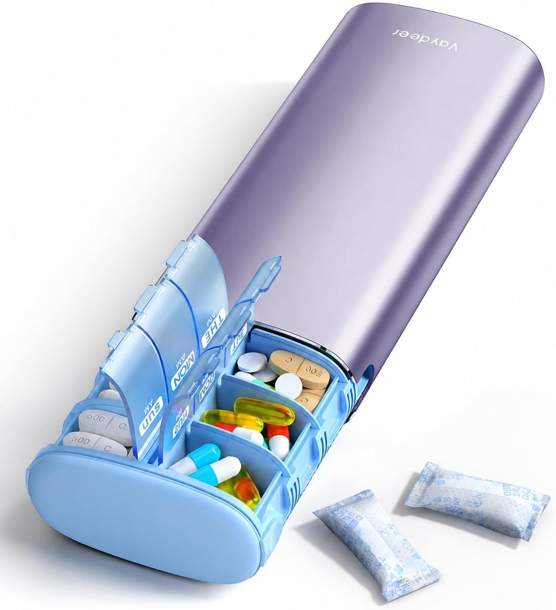 Detalle de Vaydeer 7-Day Metal Pill Organizer, AM/PM Compartments, Built-In Desiccant