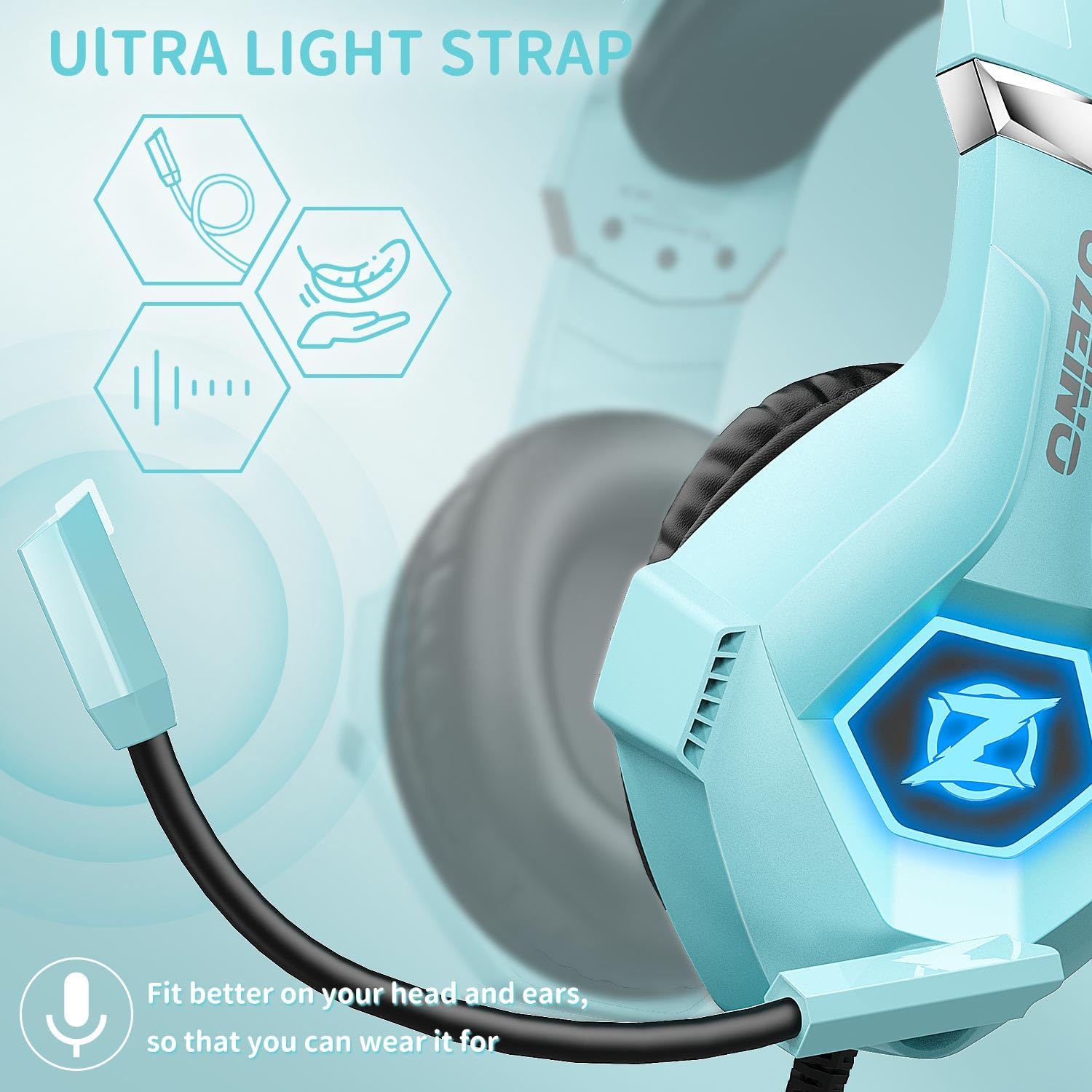 Detalle de Ozeino cuffie gaming con microfono, cancellazione del rumore e 3D surround per PS4, PS5 e PC (blu chiaro)