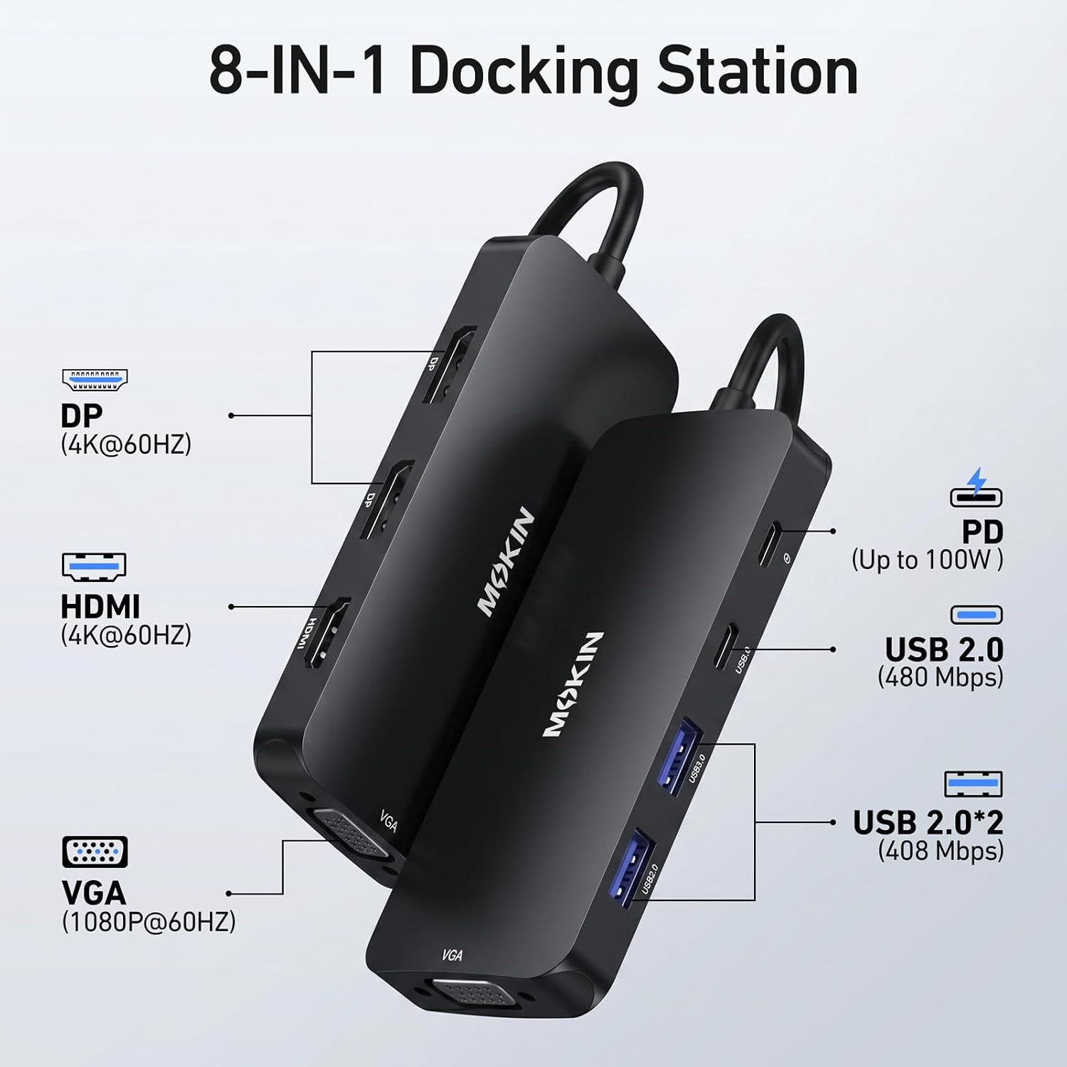 Detalle 2 de MOKiN USB-C Docking Station with Dual DisplayPort, HDMI, VGA and 100W PD