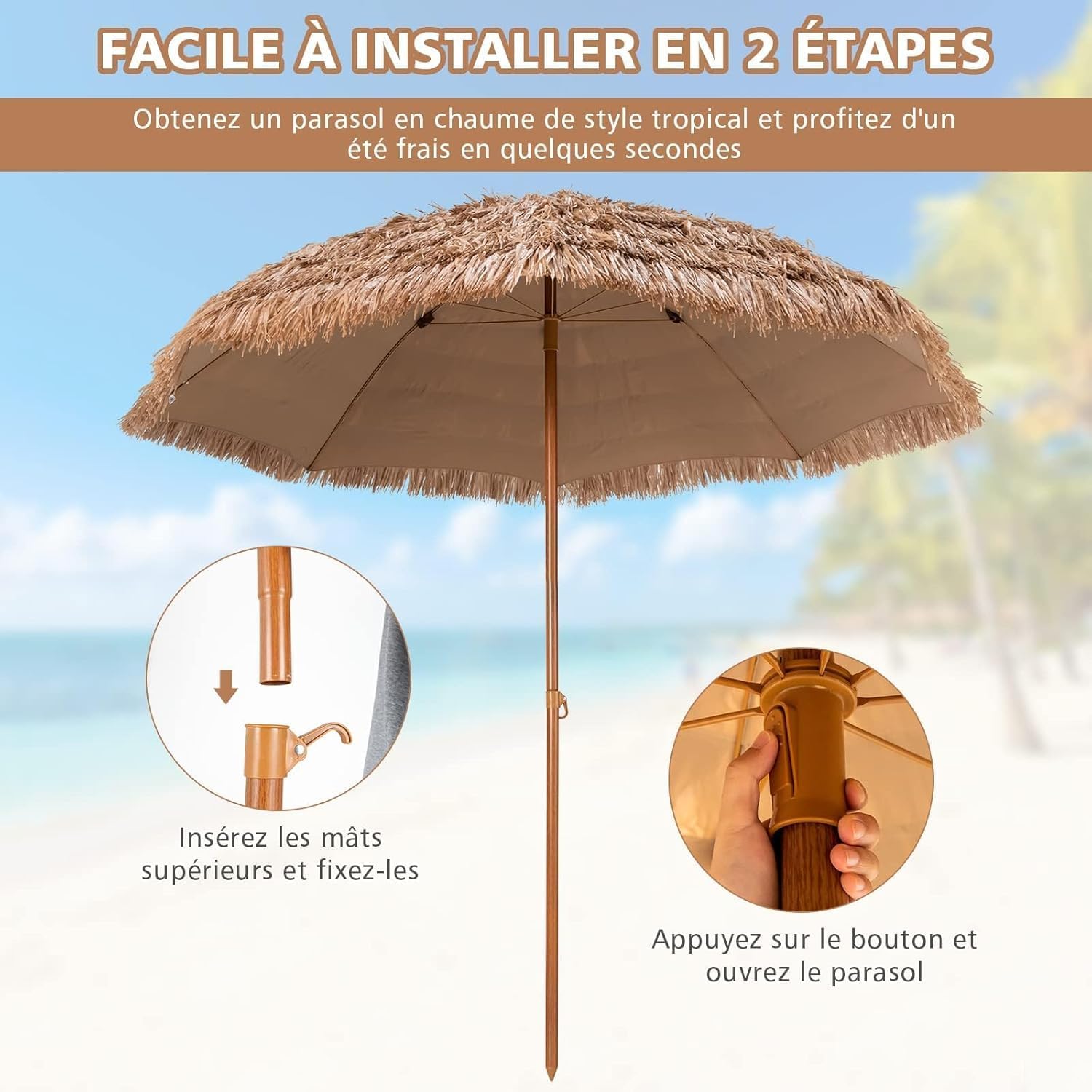 Thumbnail 5 de GOPLUS Parasol de Jardin Exterieur en Chaume PP – 2,4 m, style hawaïen avec toit, 8 baleines, 7 couches