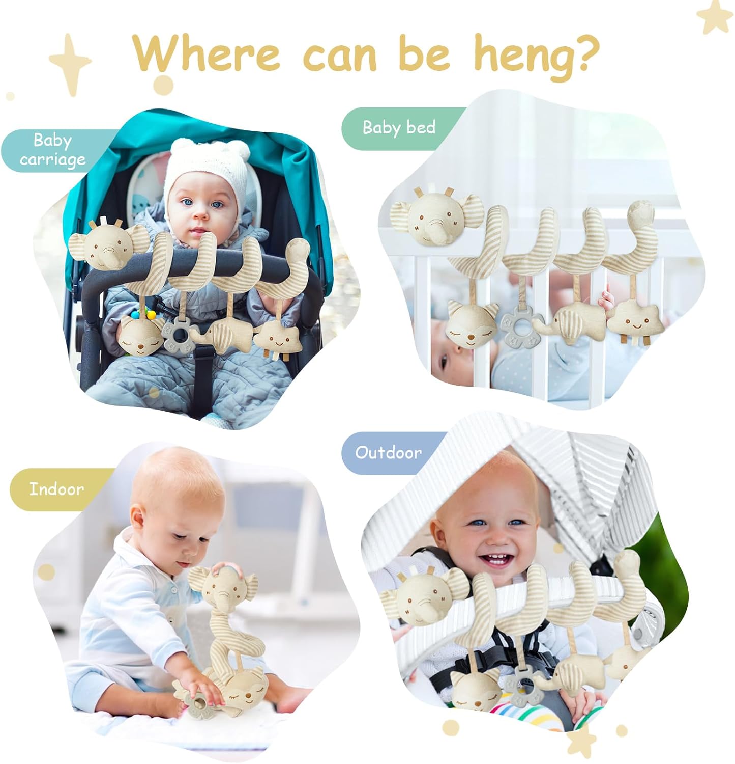 Thumbnail 5 de Vicloon Spiral Pram Toys Elephant – plush sensory rattle hanging toy for newborns (0–6 months)