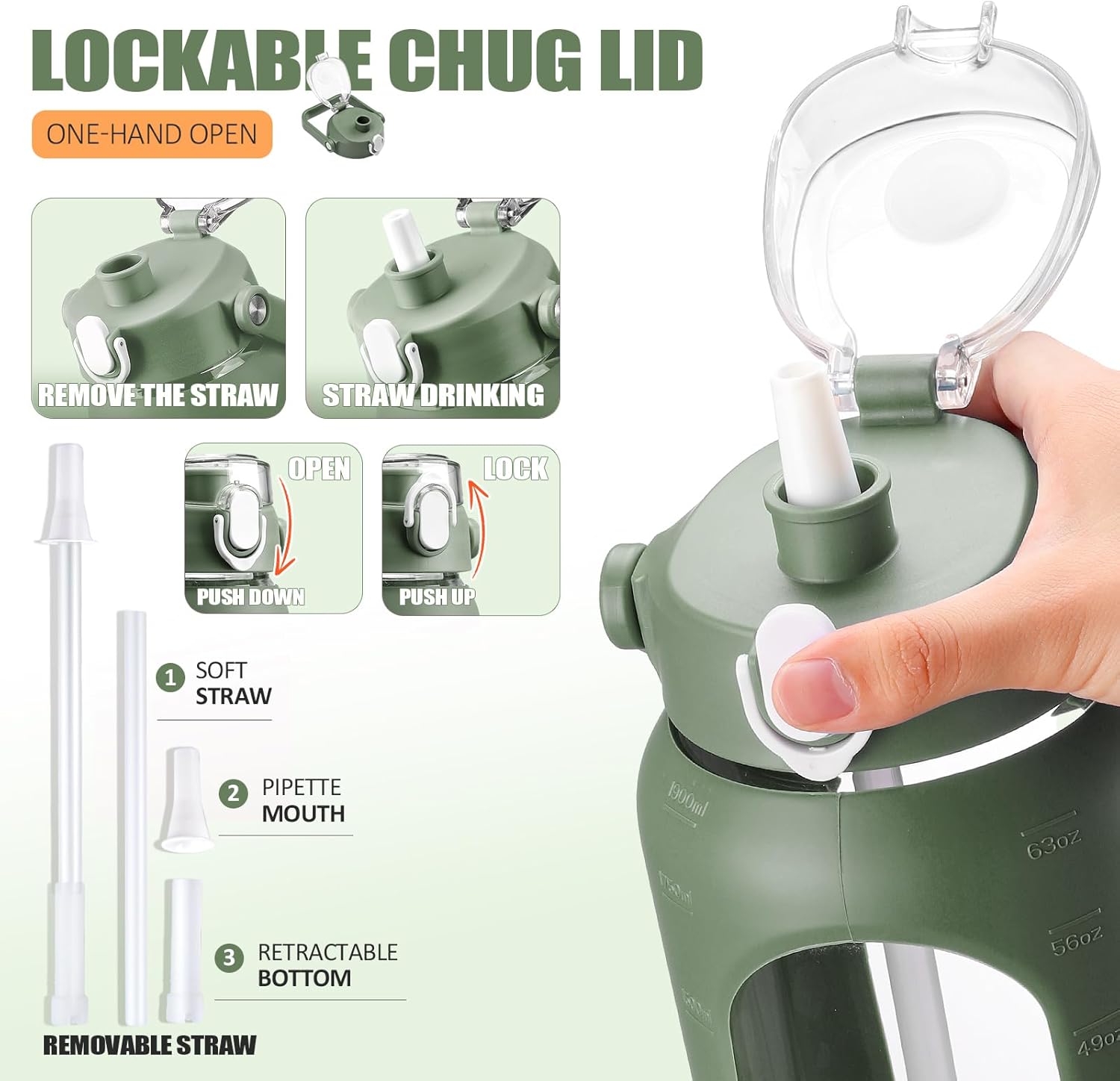 Thumbnail 1 de BLUEGO 2L Glass Water Bottle with Two Lids – Motivational 64oz Bottle for Gym, Home and Office