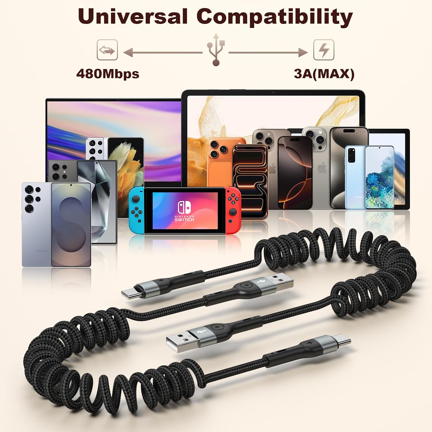 Thumbnail 6 de Eettvekd Coiled USB C Charger Cable for CarPlay – 3ft, 2-Pack (USB A to USB C) with 60W Fast Charging