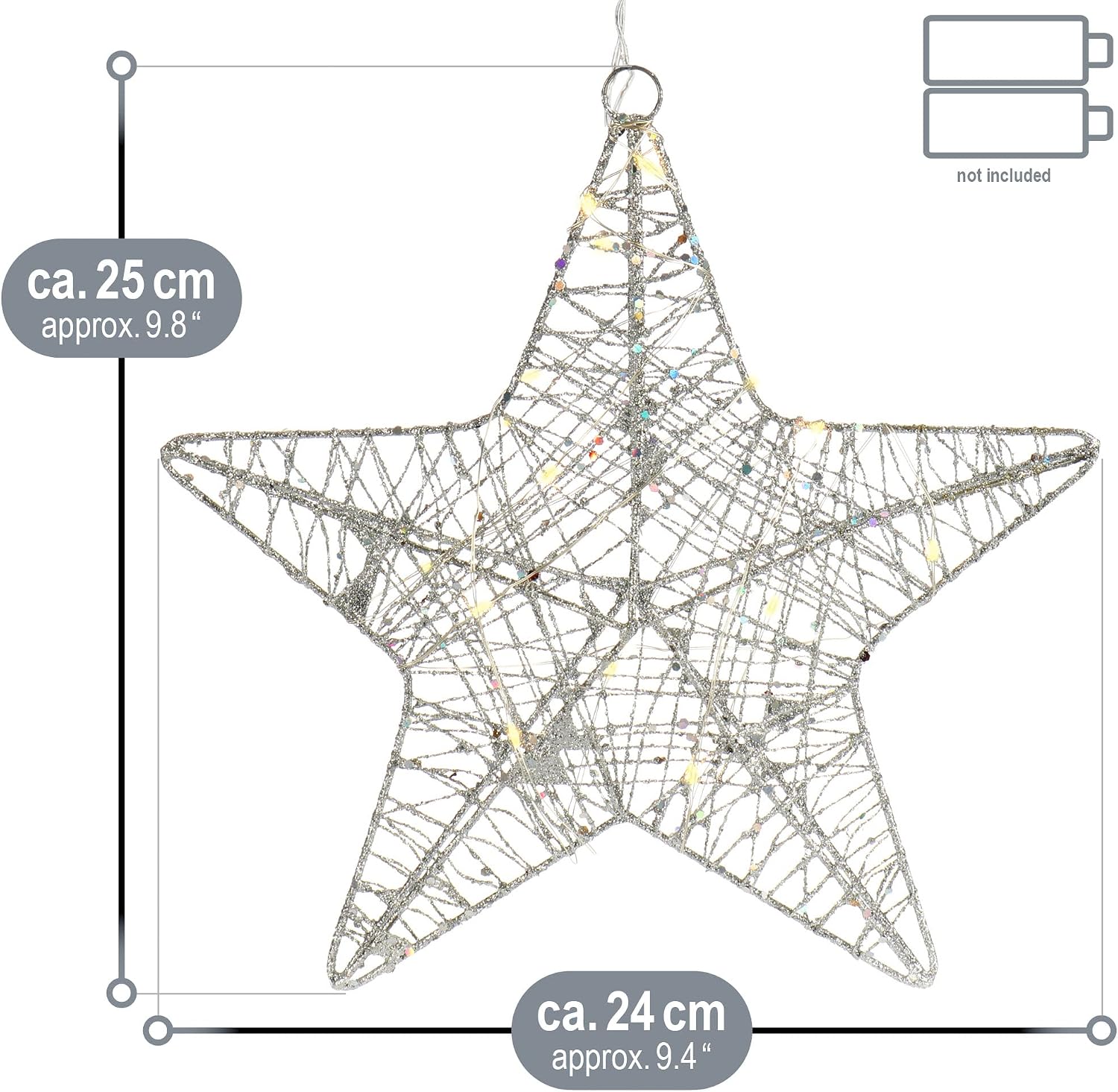 Detalle de COM-FOUR® déco LED étoile Noël – Étoile suspendue argentée à paillettes avec minuterie