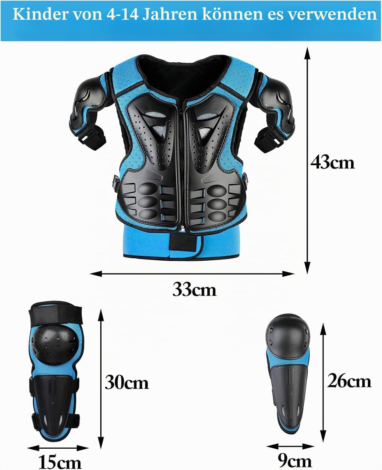 Detalle de Fansport Motorrad-Schutzset für Kinder (5tlg.): Jacke mit Schulter-/Ellbogen- und Knieschutz, verstellbar, 4–14 Jahre
