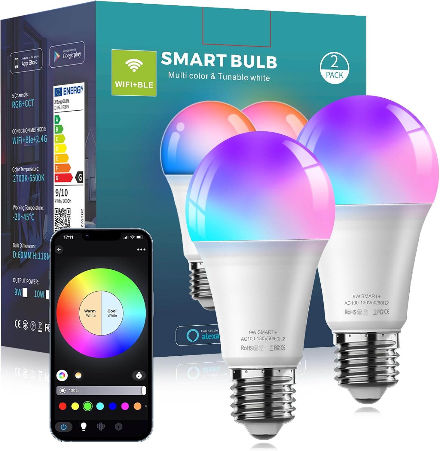 Detalle de Tenmiro H6001 Smart A19 LED Bulbs, 9W, 800 lm, Multicolour, E26