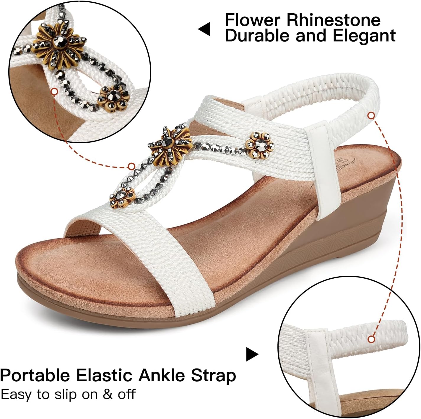 Thumbnail 3 de SHIBEVER Women’s Flower Rhinestone Wedge Sandals with Elastic Ankle Strap (Low Heel)