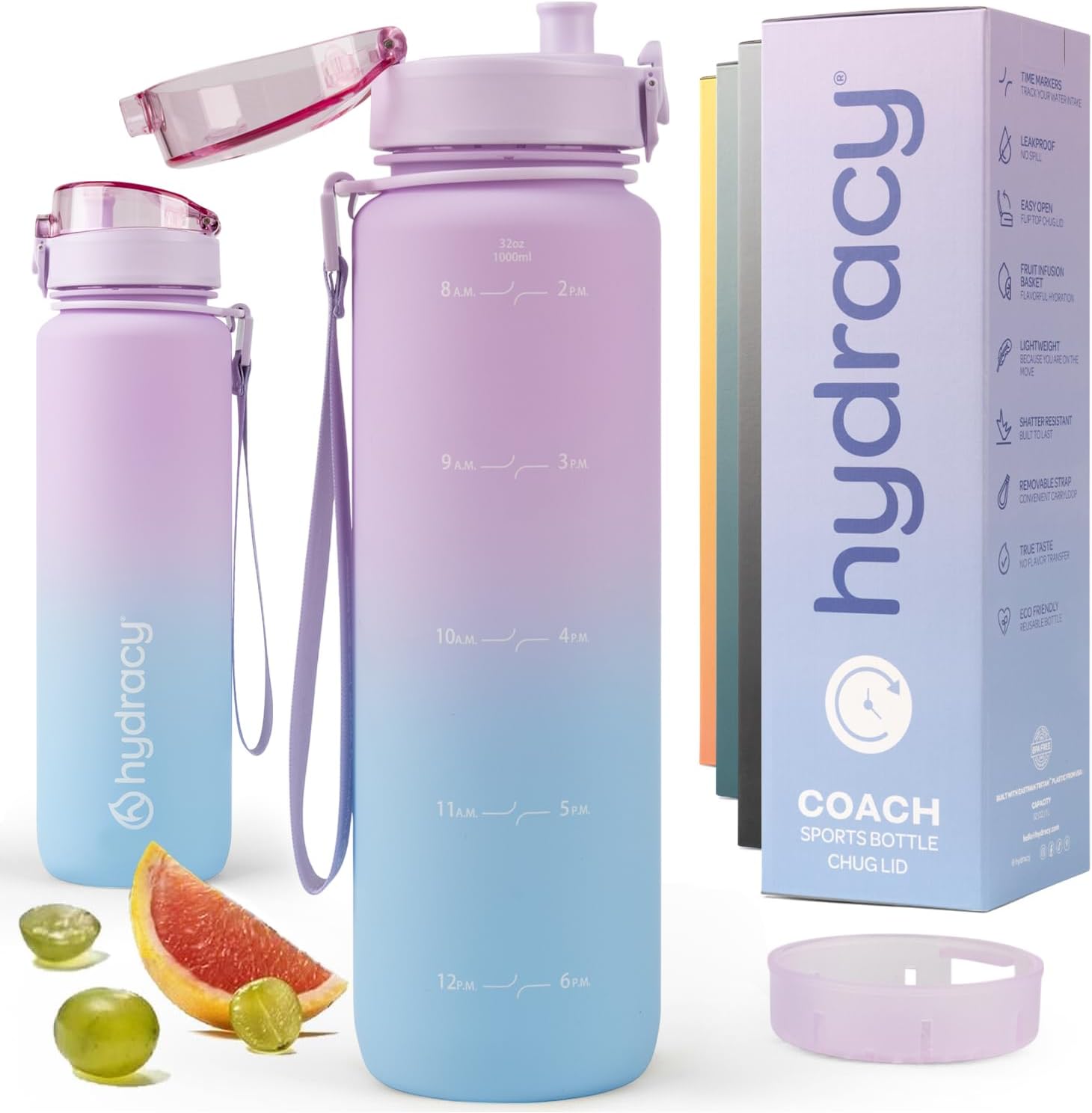 Detalle de Hydracy Water Bottle with Time Marker – 1 Litre, BPA Free, Leak-Proof with Fruit Infuser and Strap