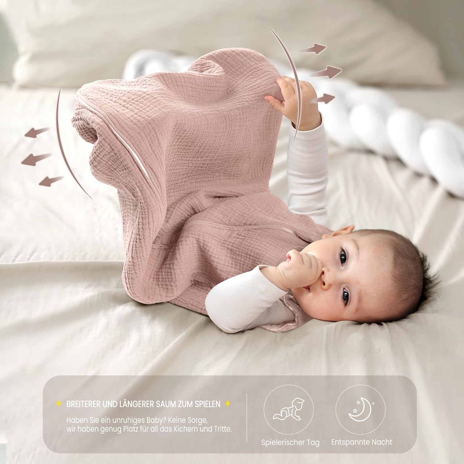 Detalle 2 de lulumoon Baby-Schlafsack (3–9 Monate) aus Musselin mit Doppelschicht, YKK-Reißverschluss – 70 cm