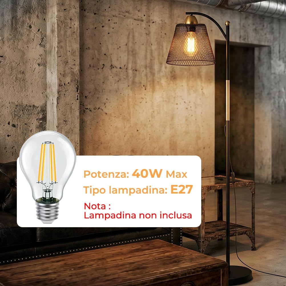 Detalle de OUSFOT Lampada da Terra E27 230V – Nero e Oro, 40W, stile Industriale per Uffici, Soggiorni e Camere (Senza lampadina)