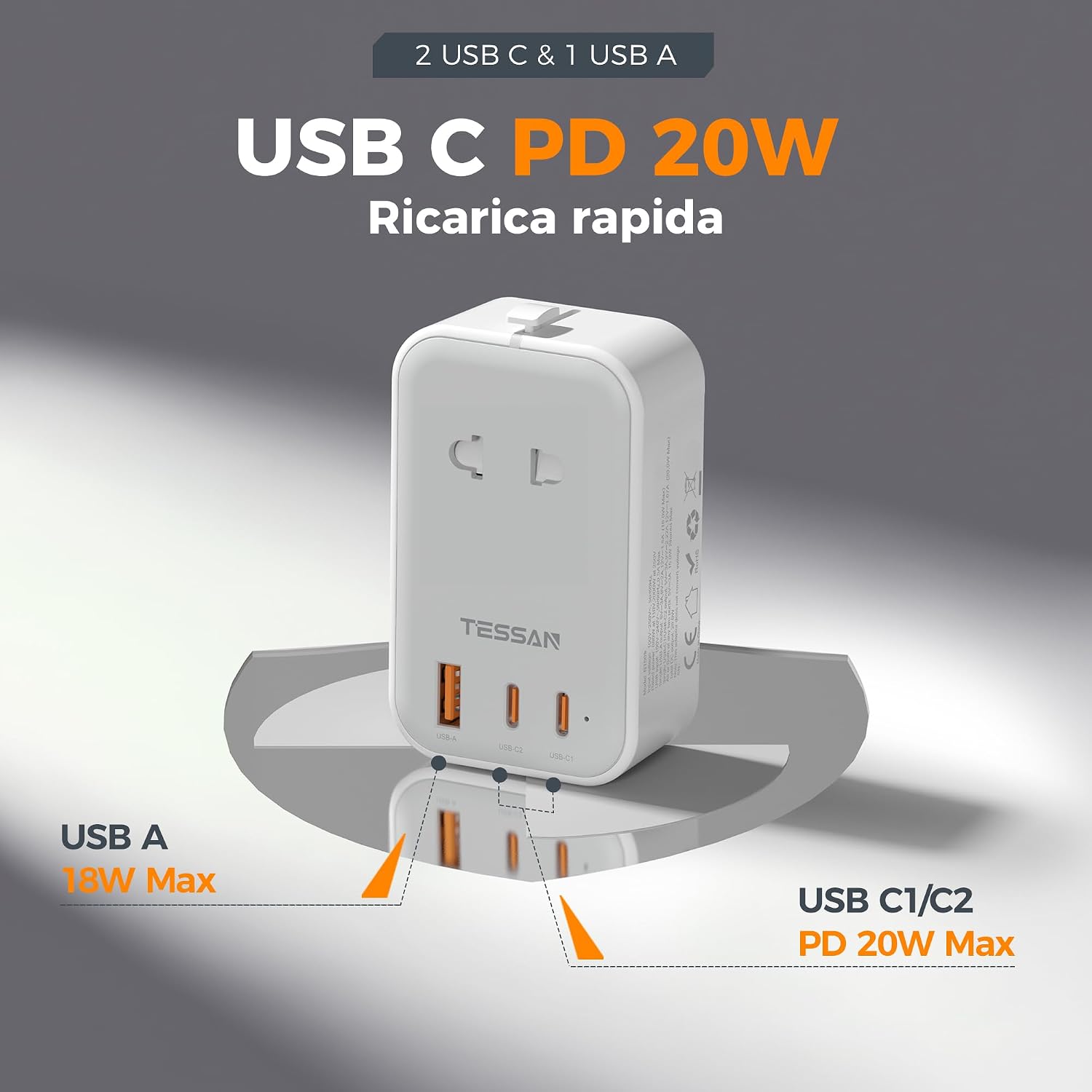Detalle de TESSAN Adattatore da Viaggio Universale PD 20W: 4-in-1 con 2 USB-C e 1 USB-A