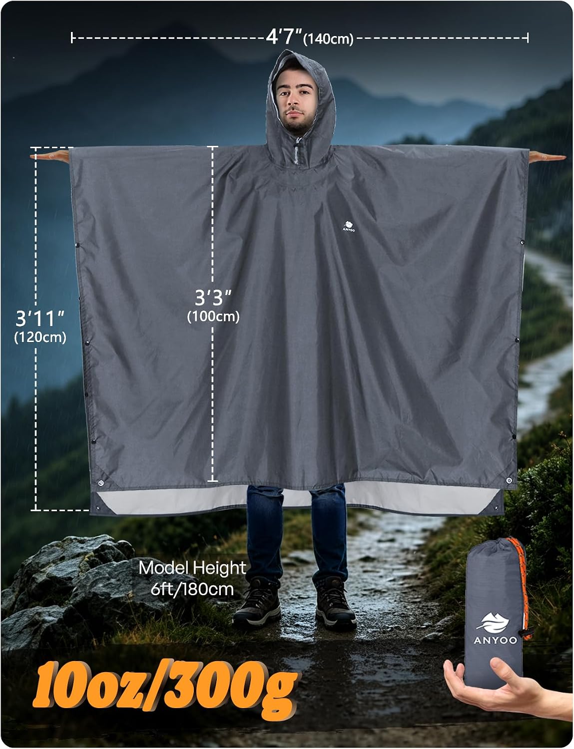 Thumbnail 1 de ANYOO Leichter wasserdichter Regenponcho – Wiederverwendbar, atmungsaktiv, mit Kapuze