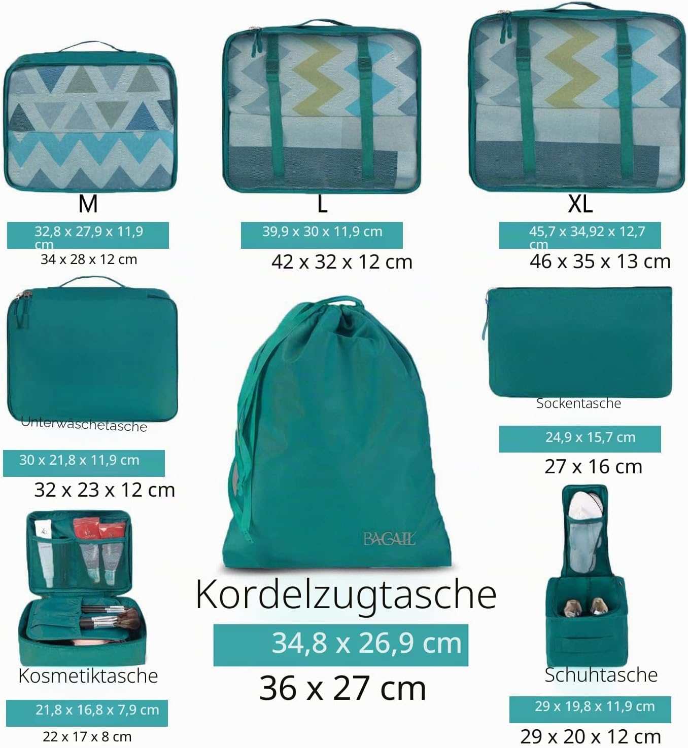 Detalle de BAGAIL 8-teiliger Packwürfel-Set mit Kleidertaschen und Kofferorganizer
