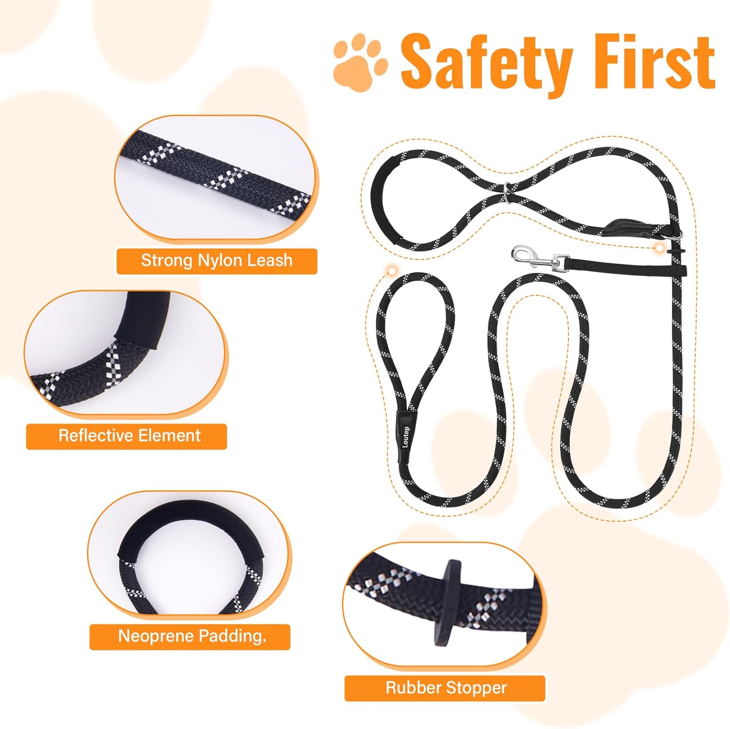 Thumbnail 4 de Loutep Figure of 8 Anti-Pull Dog Lead (187cm) with Soft Padded Nose & Reflective Stitching – Black