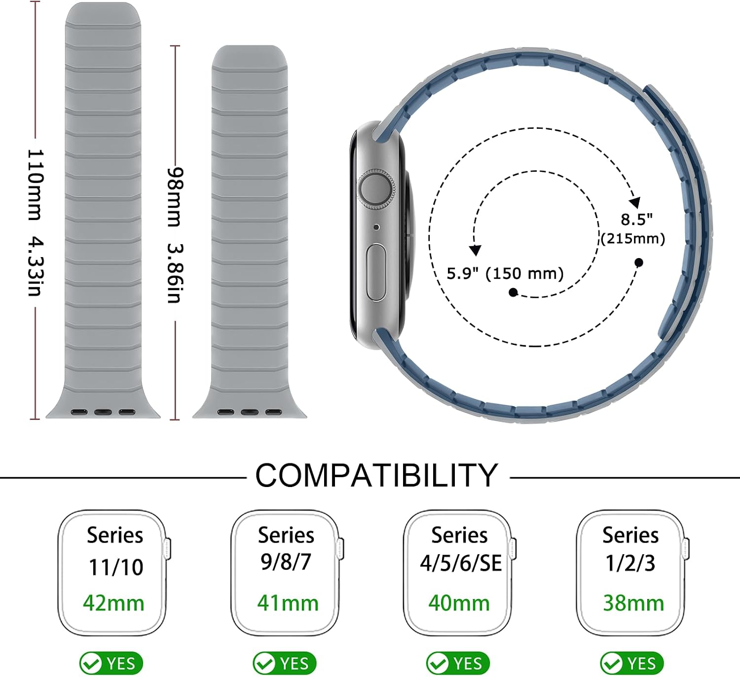 Thumbnail 2 de Tasikar Magnetic Straps Magnetic Silicone Replacement Loop for Apple Watch (49mm–42mm) – Misty Grey/Blue