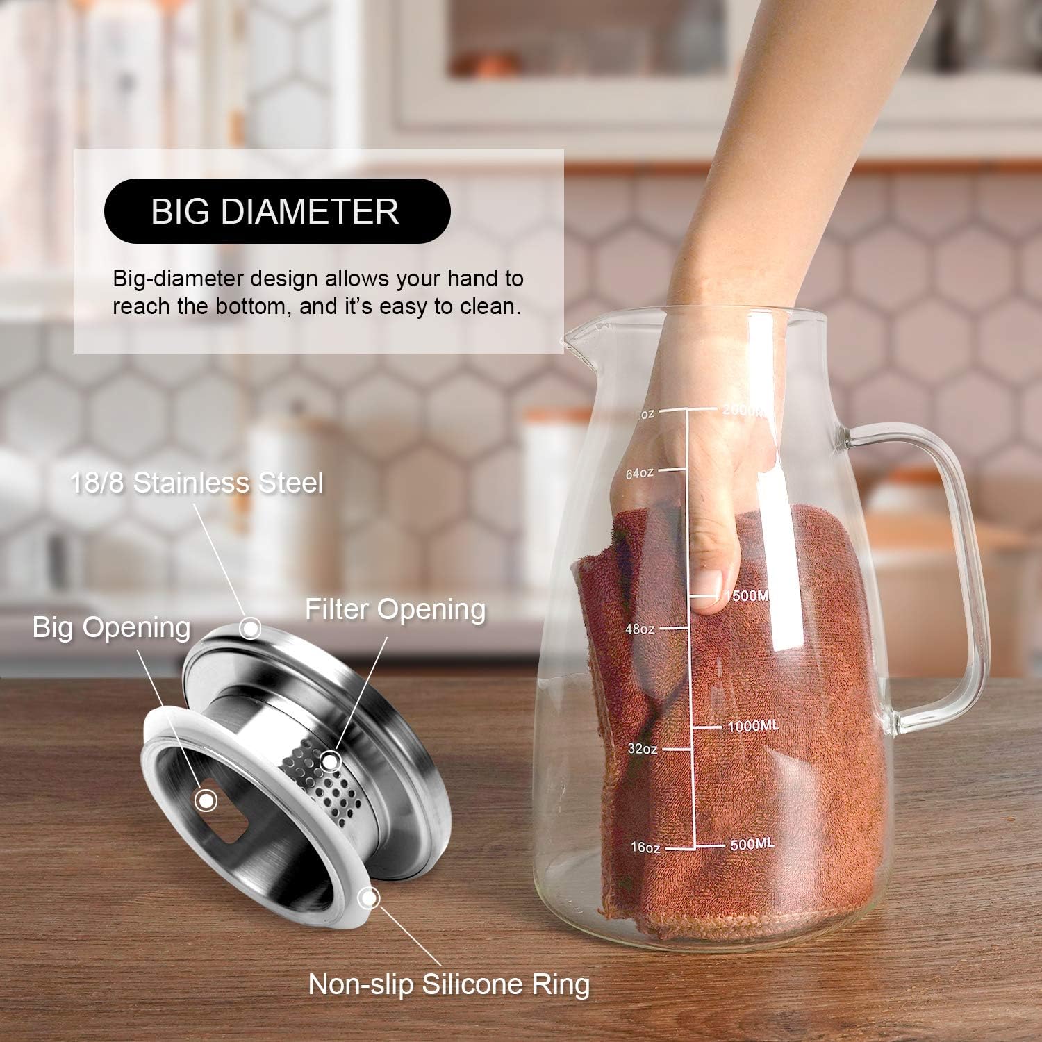Detalle 2 de Aofmee AOGP68 2 L Borosilicate Glass Pitcher with Steel Lid and Scale